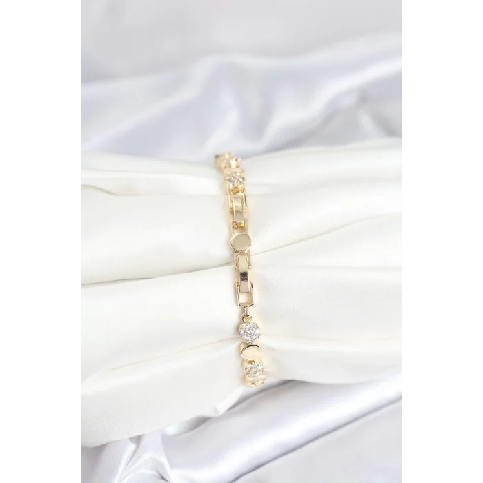 Pirinç Gold Renk Nokta Model Zirkon Taşlı Kadın Bileklik