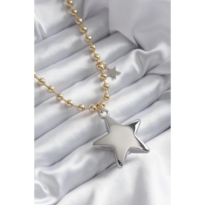 Pirinç Gold Renk Topçuk Zincir Gümüş 3D Yıldız Model Yıldız Detay VİP Kadın Kolye