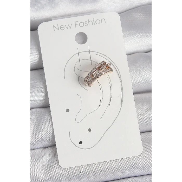 Pirinç Gold Renk Zirkon Taşlı 3Lü Sıralı Model Kadın Kıkırdak Küpe