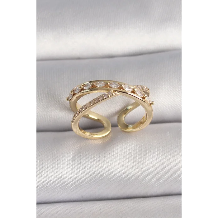Pirinç Gold Renk Zirkon Taşlı Ayarlanabilir Kadın Yüzük