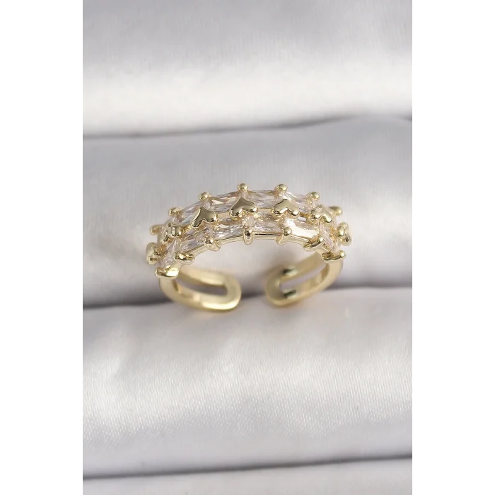 Pirinç Gold Renk Zirkon Taşlı Ayarlanabilir Yüzük
