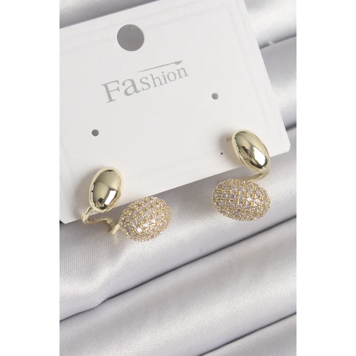 Pirinç Gold Renk Zirkon Taşlı Bombeli Model Kadın Küpe