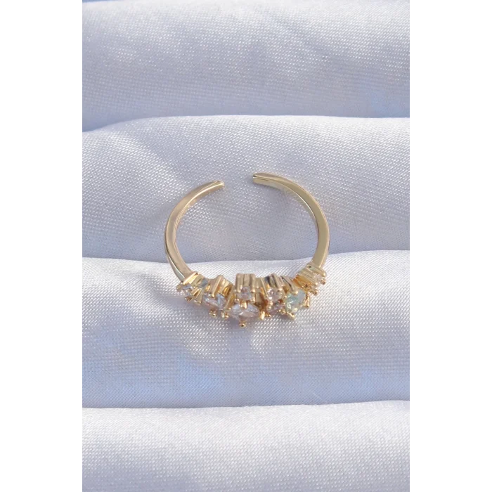 Pirinç Gold Renk Zirkon Taşlı Damla Detay Ayarlanabilir Yüzük