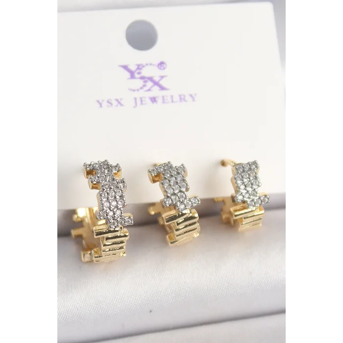 Pirinç Gold Renk Zirkon Taşlı Dorika Model 3Lü Kadın Kombin Küpe