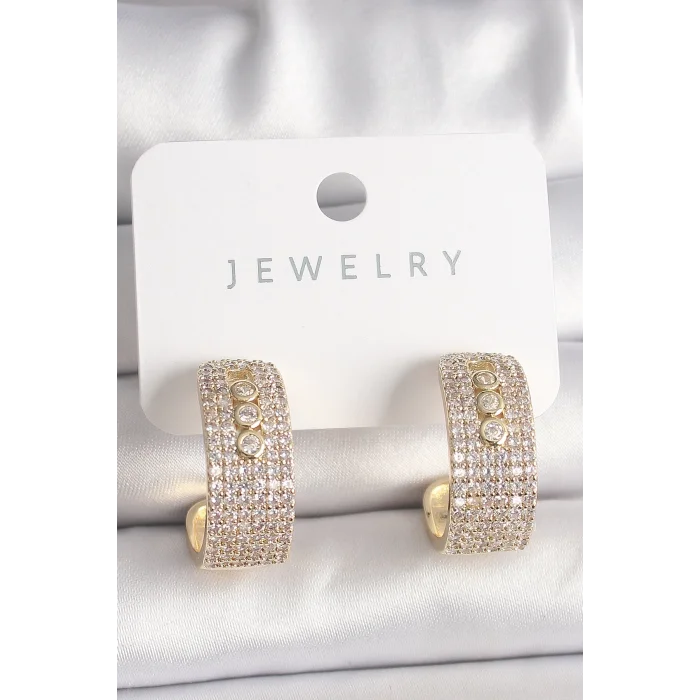 Pirinç Gold Renk Zirkon Taşlı Halka Messika Model Kadın Küpe