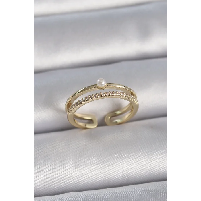 Pirinç Gold Renk Zirkon Taşlı İnci Detay Ayarlanabilir Model Kadın Yüzük