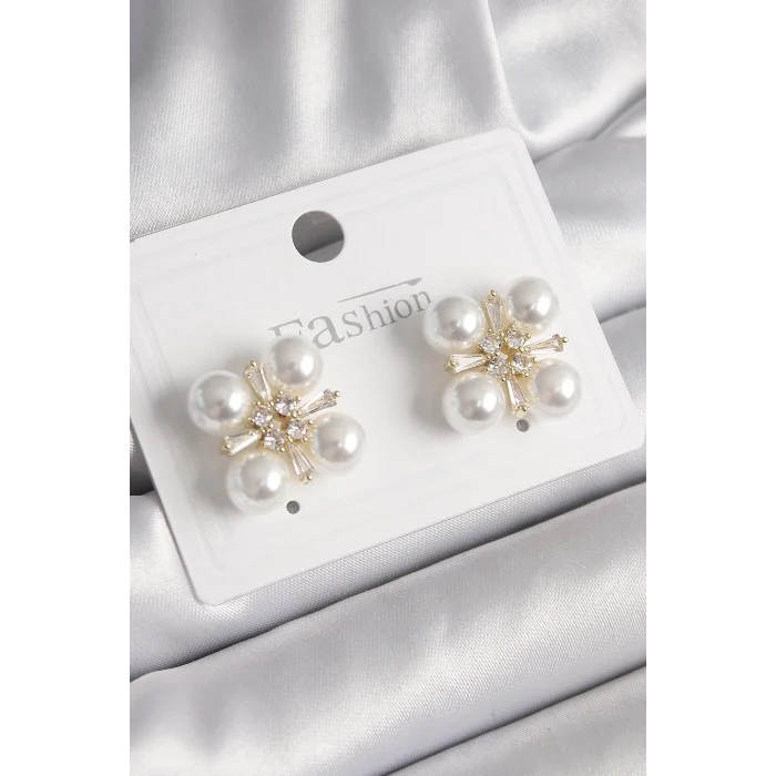 Pirinç Gold Renk Zirkon Taşlı İncili Kadın Küpe