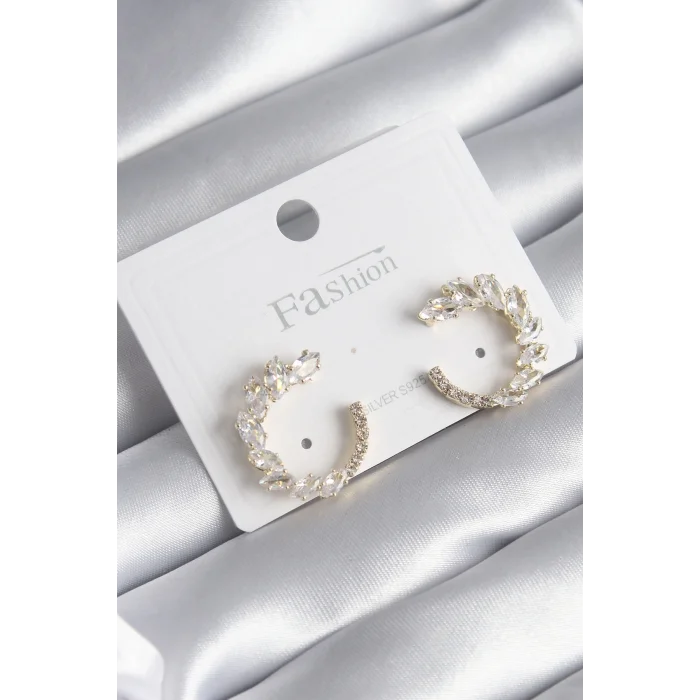 Pirinç Gold Renk Zirkon Taşlı Kadın Küpe