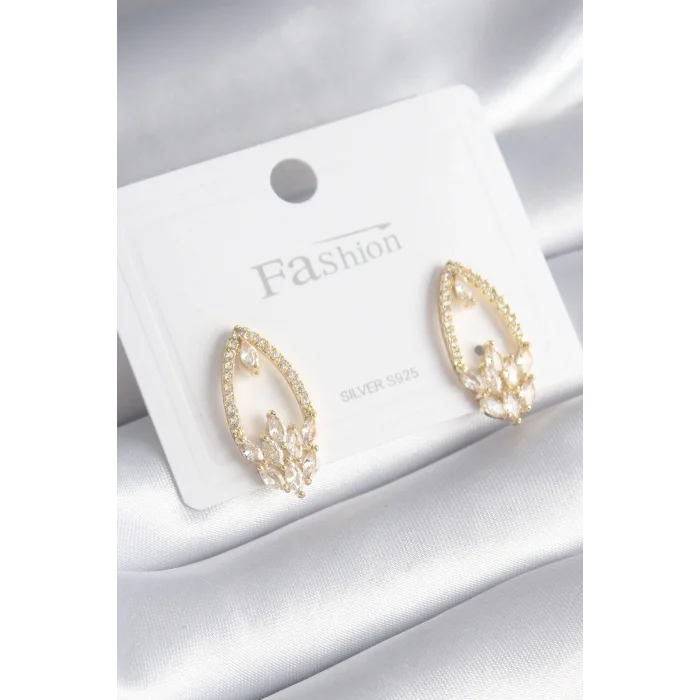 Pirinç Gold Renk Zirkon Taşlı Kadın Küpe