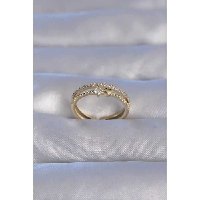 Pirinç Gold Renk Zirkon Taşlı Kalpli Su Yolu Model Ayarlanabilir Yüzük