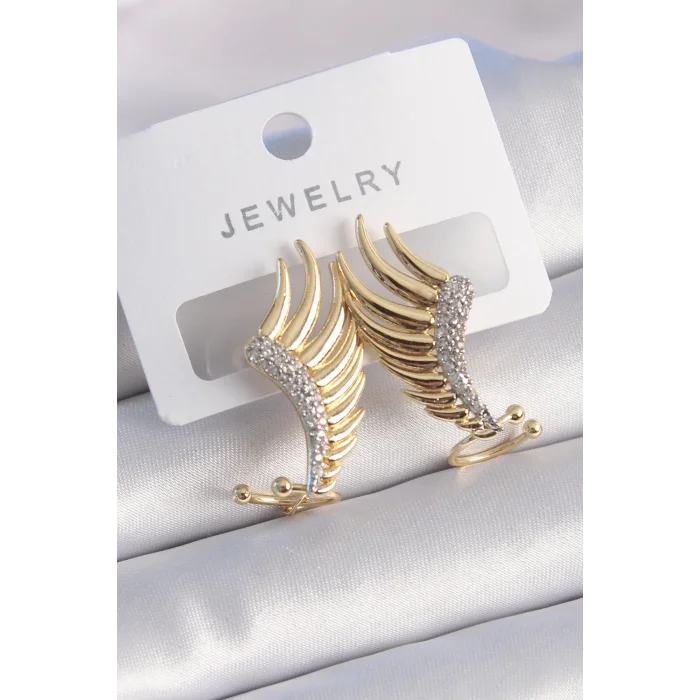 Pirinç Gold Renk Zirkon Taşlı Kanat Model Kadın Küpe