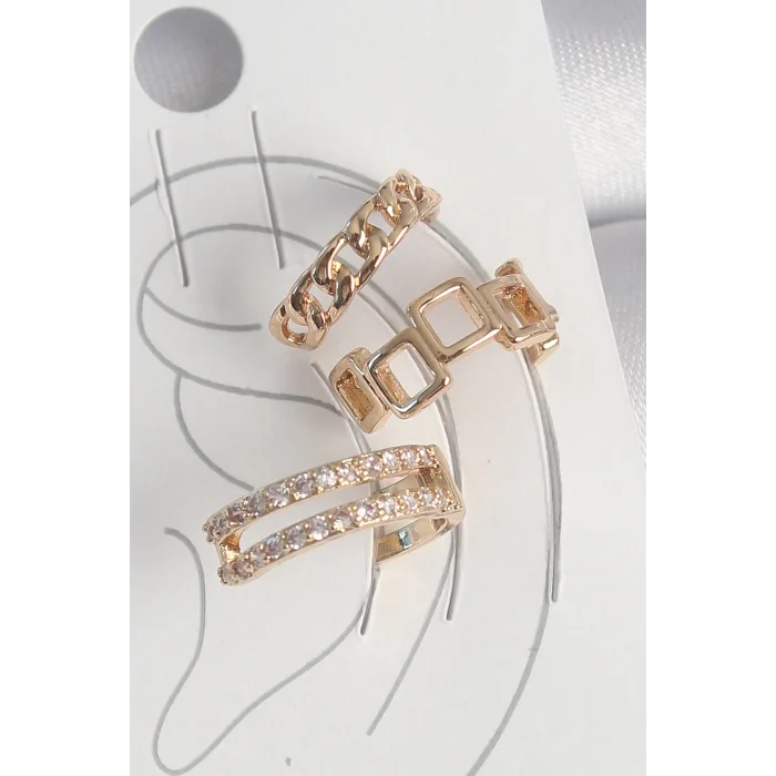 Pirinç Gold Renk Zirkon Taşlı Kare Zincir Model Kadın Kıkırdak Küpe