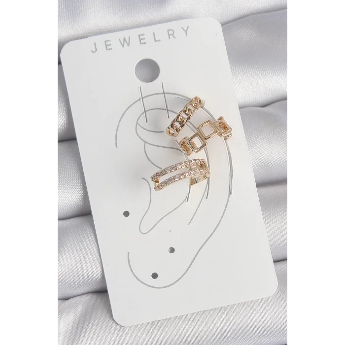 Pirinç Gold Renk Zirkon Taşlı Kare Zincir Model Kadın Kıkırdak Küpe