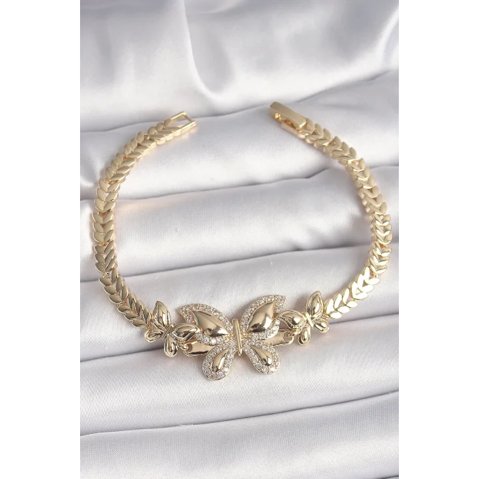 Pirinç Gold Renk Zirkon Taşlı Kelebek Model Kadın Bileklik