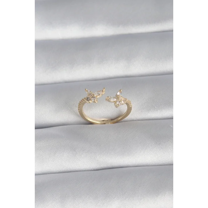 Pirinç Gold Renk Zirkon Taşlı Kelebek Model Kadın Yüzük