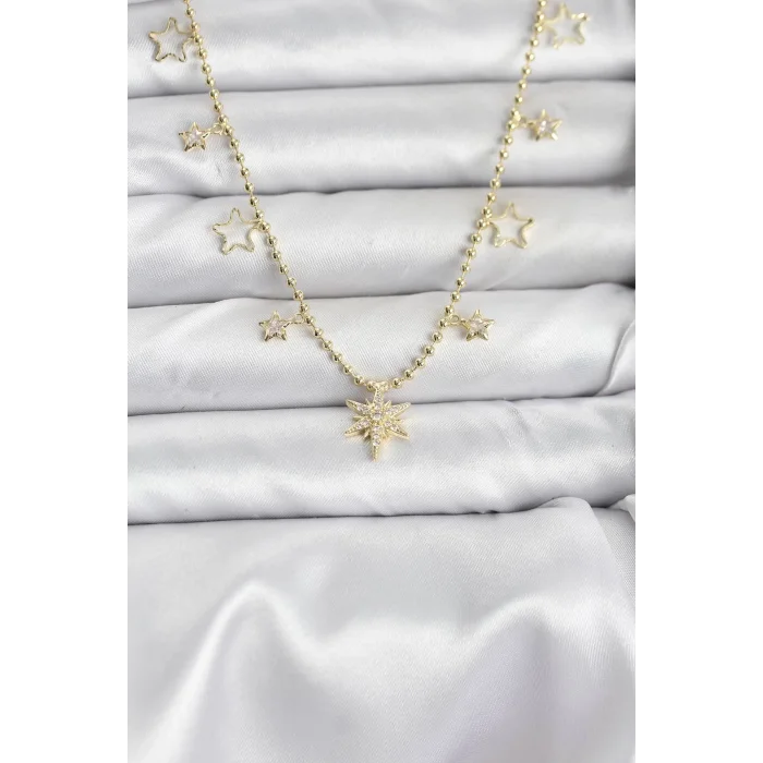 Pirinç Gold Renk Zirkon Taşlı Kutup Yıldızı Model Kadın Kolye