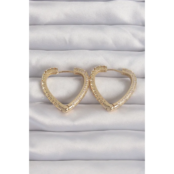 Pirinç Gold Renk Zirkon Taşlı Motifli Kalp Küpe