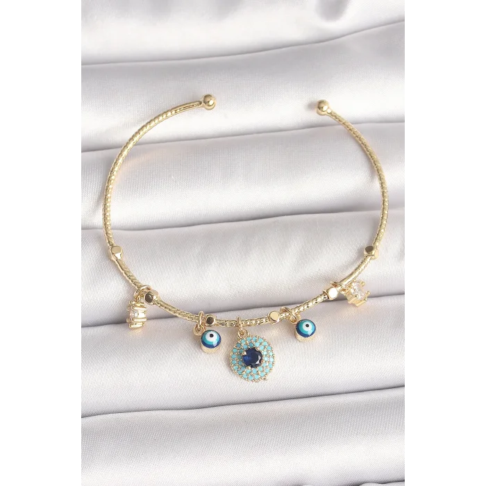 Pirinç Gold Renk Zirkon Taşlı Nazar Boncuk Detay Charm Kadın Bileklik
