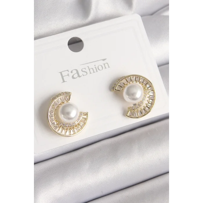 Pirinç Gold Renk Zirkon Taşlı Salyangoz Model İnci Detay Kadın Küpe