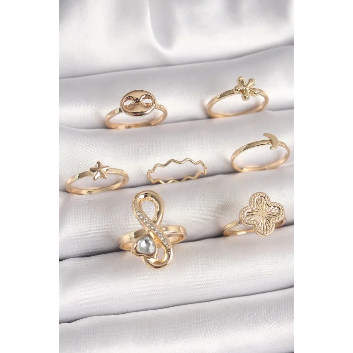 Pirinç Gold Renk Zirkon Taşlı Sonsuzluk Figür Yıldız Detay Kadın Yüzük Kombini