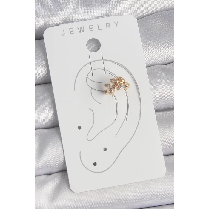 Pirinç Gold Renk Zirkon Taşlı Yaprak Model Kadın Kıkırdak Küpe