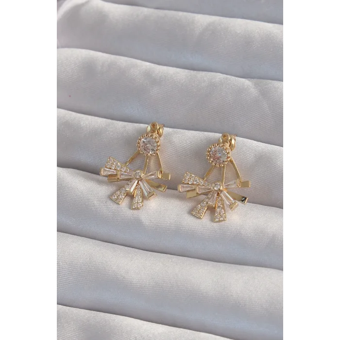 Pirinç Gold Renk Zirkon Taşlı Yassı Fiyonk Model Küpe