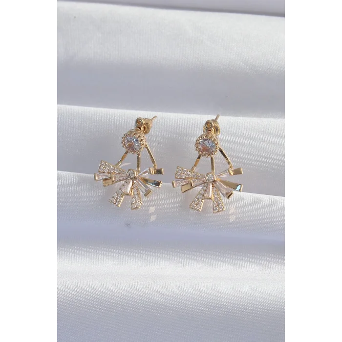 Pirinç Gold Renk Zirkon Taşlı Yassı Fiyonk Model Küpe