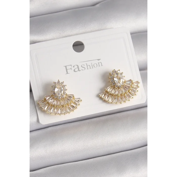 Pirinç Gold Renk Zirkon Taşlı Yelpaze Model Kadın Küpe