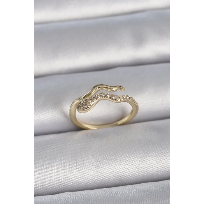 Pirinç Gold Renk Zirkon Taşlı Yılan Ayarlanabilir Model Kadın Yüzük