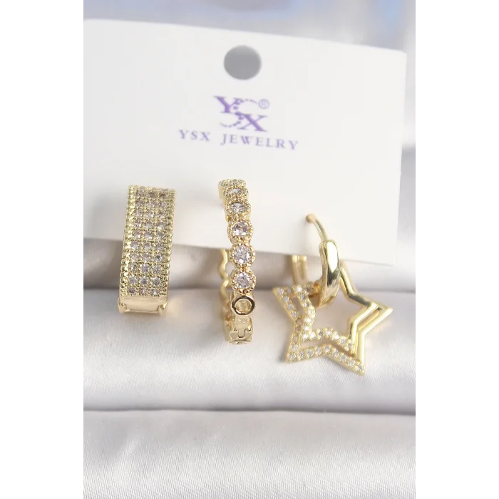 Pirinç Gold Renk Zirkon Taşlı Yıldız Figür Halka Model 3Lü Kadın Kombin Küpe