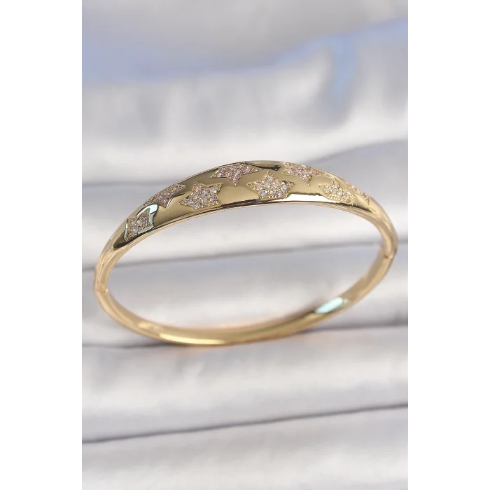 Pirinç Gold Renk Zirkon Taşlı Yıldız İşlemeli Kadın Kelepçe