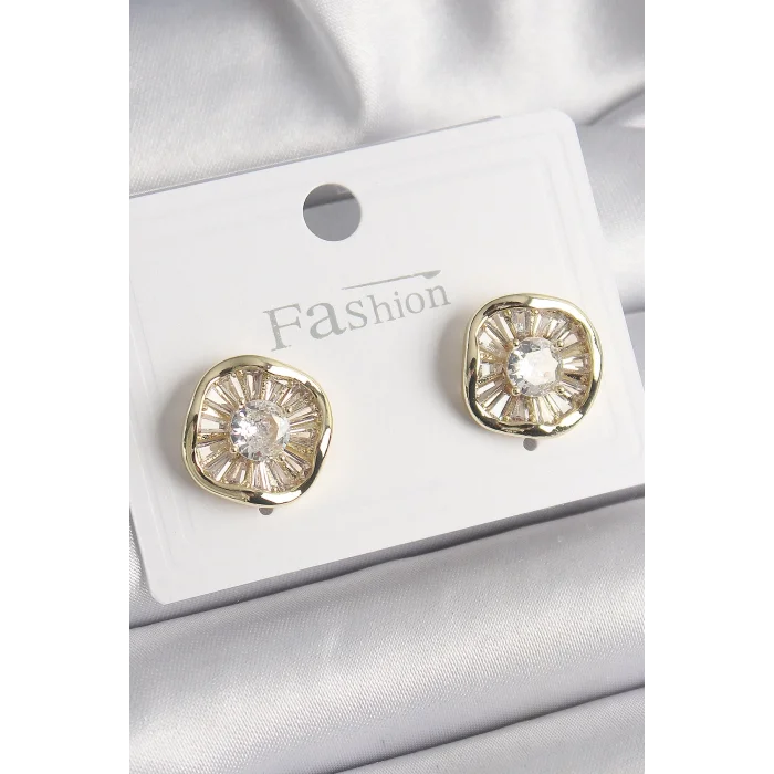 Pirinç Gold Renk Zirkon Taşlı Yonca Model Kadın Küpe