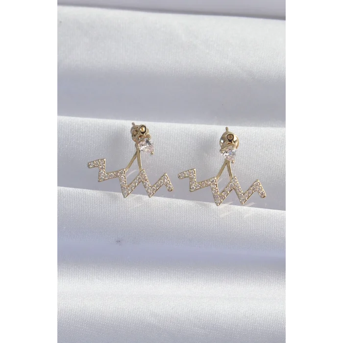 Pirinç Gold Renk Zirkon Taşlı Zikzak Küpe