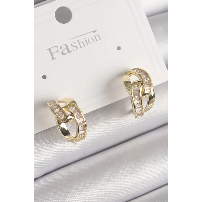 Pirinç Gold Renk Zirkon Taşlı Zincir Model Kadın Küpe