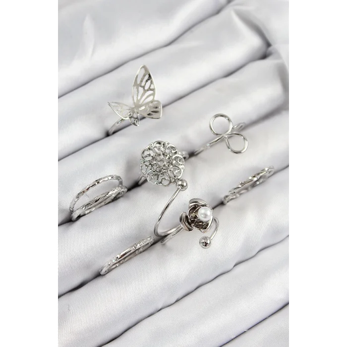 Pirinç Gül Kelebek Model Gümüş Renk Kadın Yüzük Kombin Set