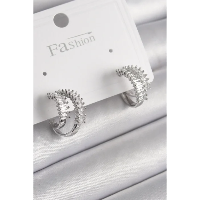 Pirinç Gümüş Renk 2Li Zirkon Taşlı Halka Model Kadın Küpe