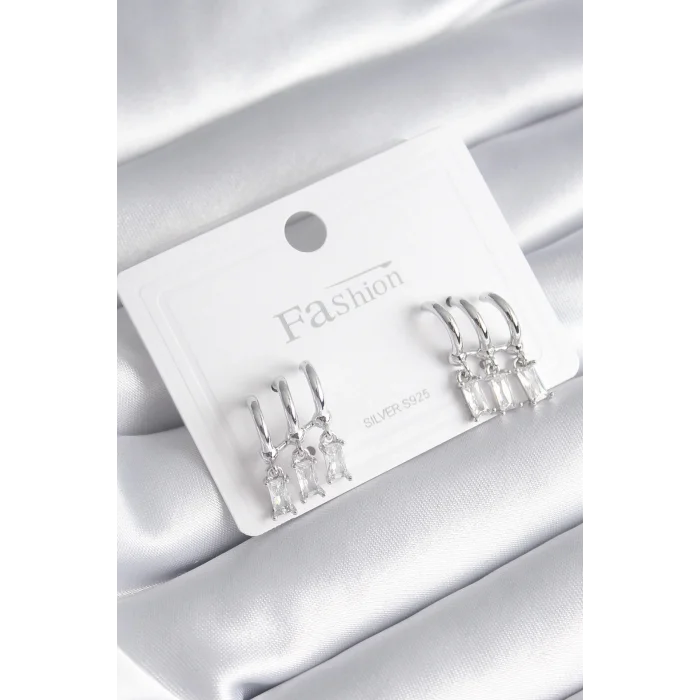 Pirinç Gümüş Renk 3lü Sallantı Zirkon Taşlı Küpe