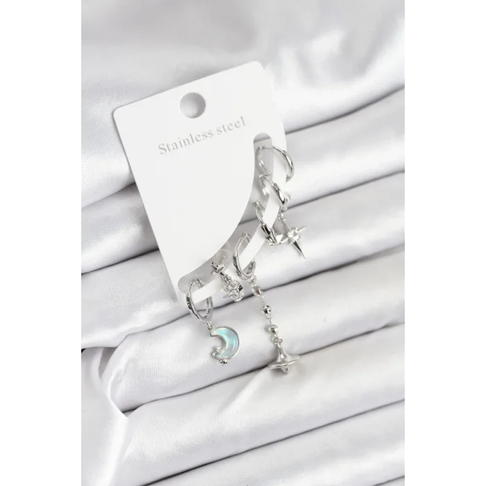 Pirinç Gümüş Renk Ay Model Kadın Set Küpe