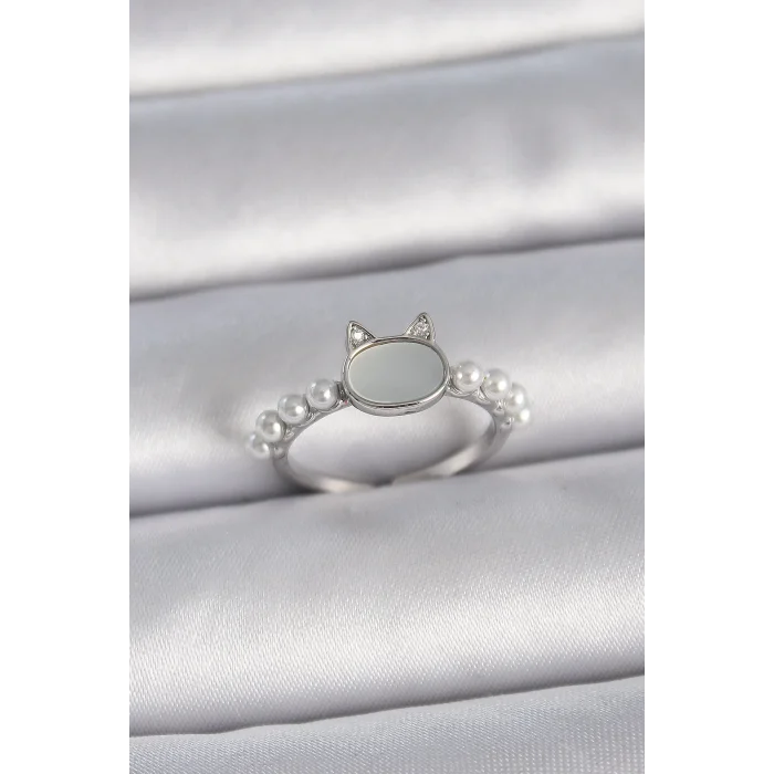 Pirinç Gümüş Renk Ayarlanabilir Beyaz Mineli Kedi Model İnci Detay Kadın Yüzük