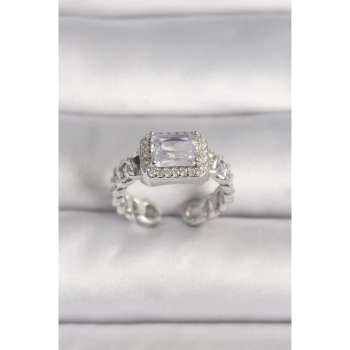 Pirinç Gümüş Renk Ayarlanabilir Zincir Kare Zirkon Taşlı Kadın Yüzük