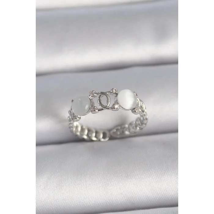 Pirinç Gümüş Renk Ayarlanabilir Zirkon Taşlı Beyaz Mineli Birleşik Halka Model Kadın Yüzük