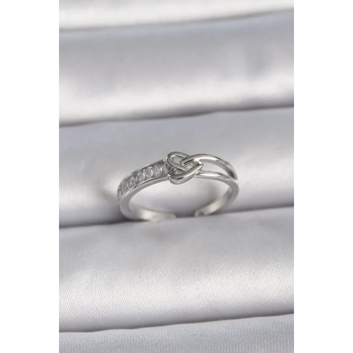 Pirinç Gümüş Renk Ayarlanabilir Zirkon Taşlı Düğüm Kalp Model Kadın Yüzük