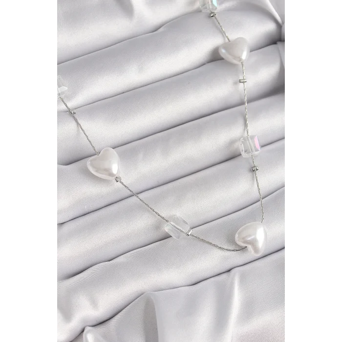 Pirinç Gümüş Renk Beyaz İnci Kalp Model Kadın Kolye