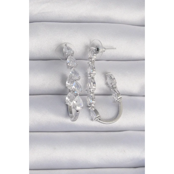 Pirinç Gümüş Renk Damla Zirkon Taş Tasarımlı Küpe