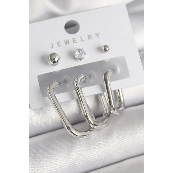 Pirinç Gümüş Renk Halka Model Zirkon Taşlı Topçuk Detay Kadın Küpe Seti