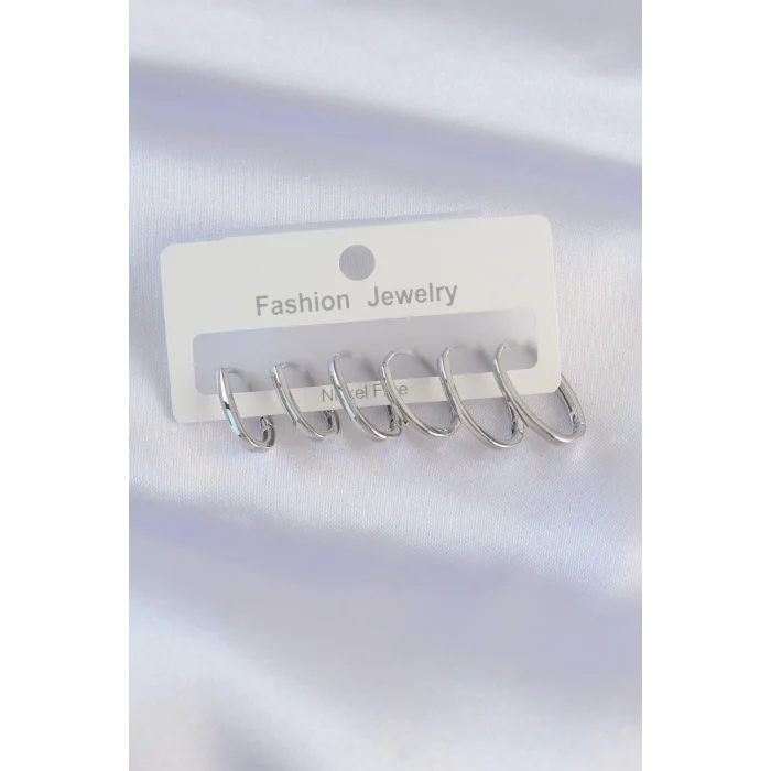 Pirinç Gümüş Renk İnce Oval Küpe Seti