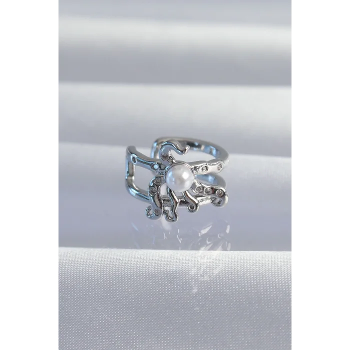 Pirinç Gümüş Renk İncili Ahtapot Earcuff Küpe