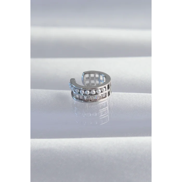 Pirinç Gümüş Renk İncili Baget Taşlı Earcuff Küpe