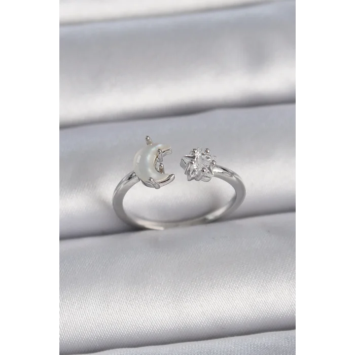 Pirinç Gümüş Renk İncili Hilal Zirkon Taşlı Yıldız Ayarlanabilir Kadın Yüzük