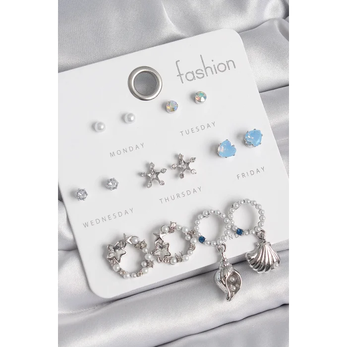 Pirinç Gümüş Renk İncli Zirkon Taşlı Halka Figür Yıldız Detay 7 Çift Kadın Küpe Seti